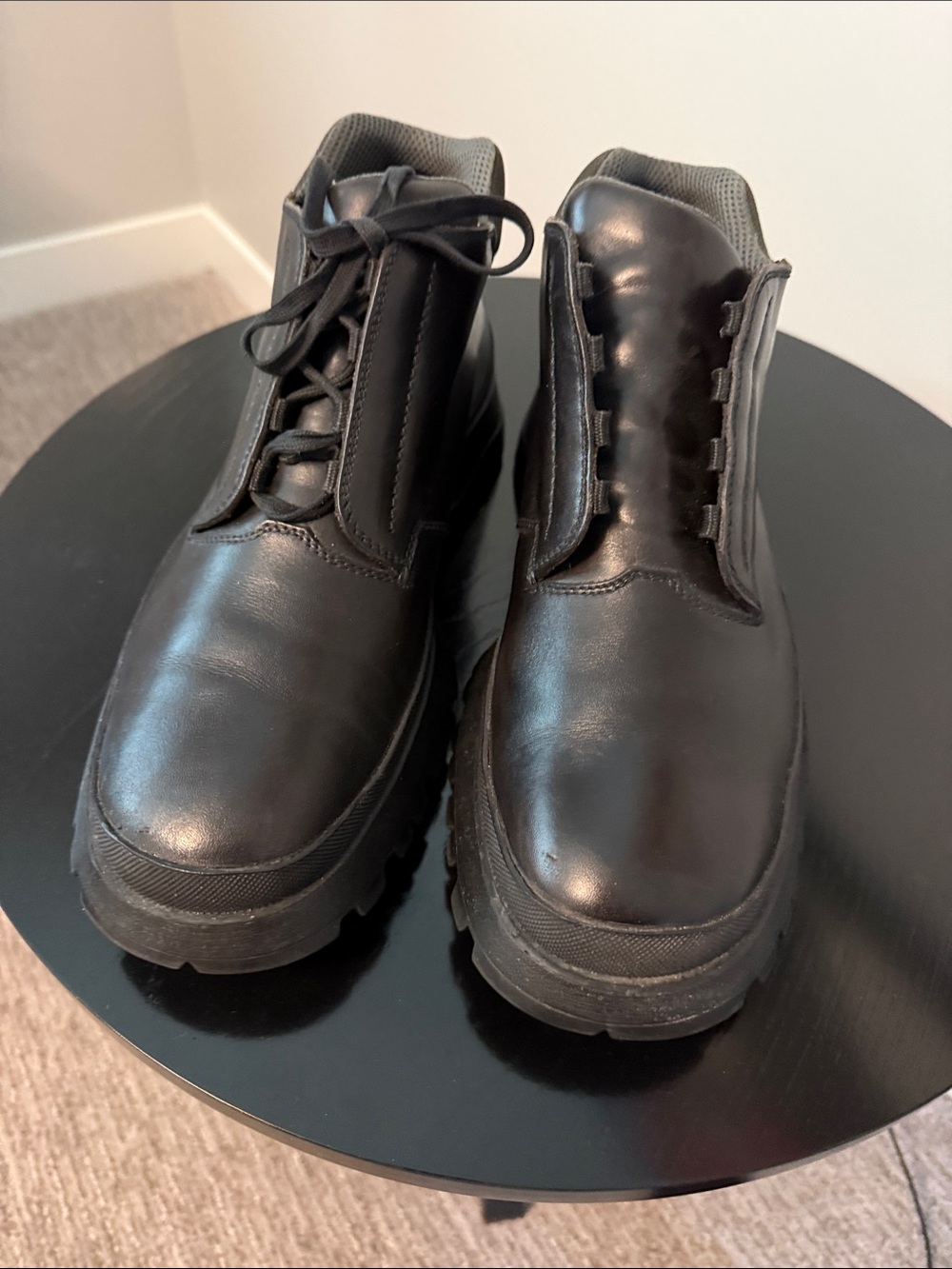 Prada Black Leather Lug-Soled Ankle Boots